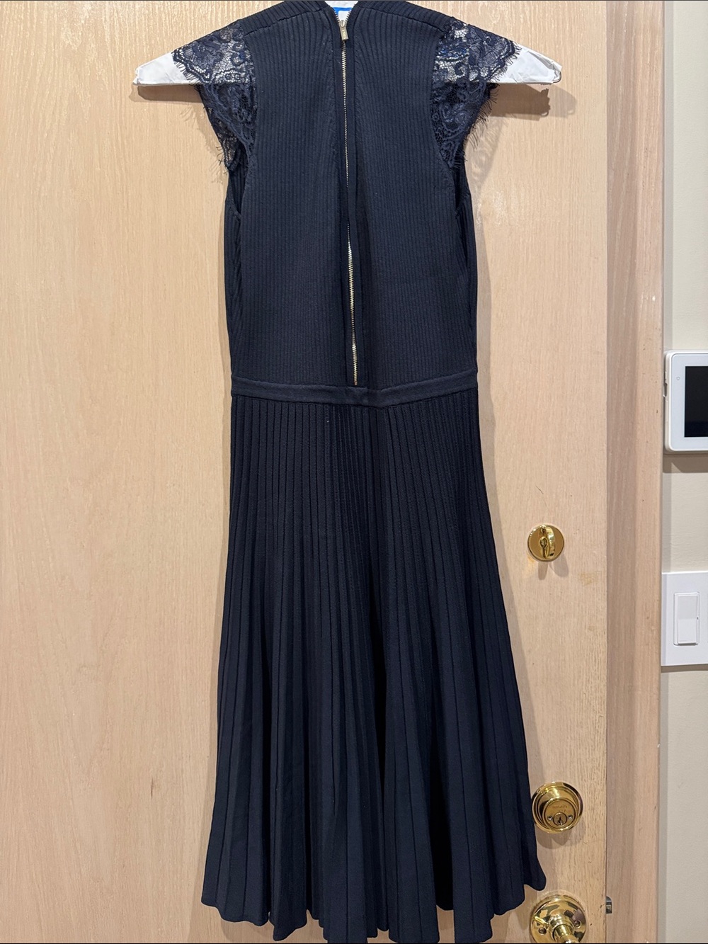 Morgan de Toi Navy Pleated Midi Dress with Lace Cap Sleeves
